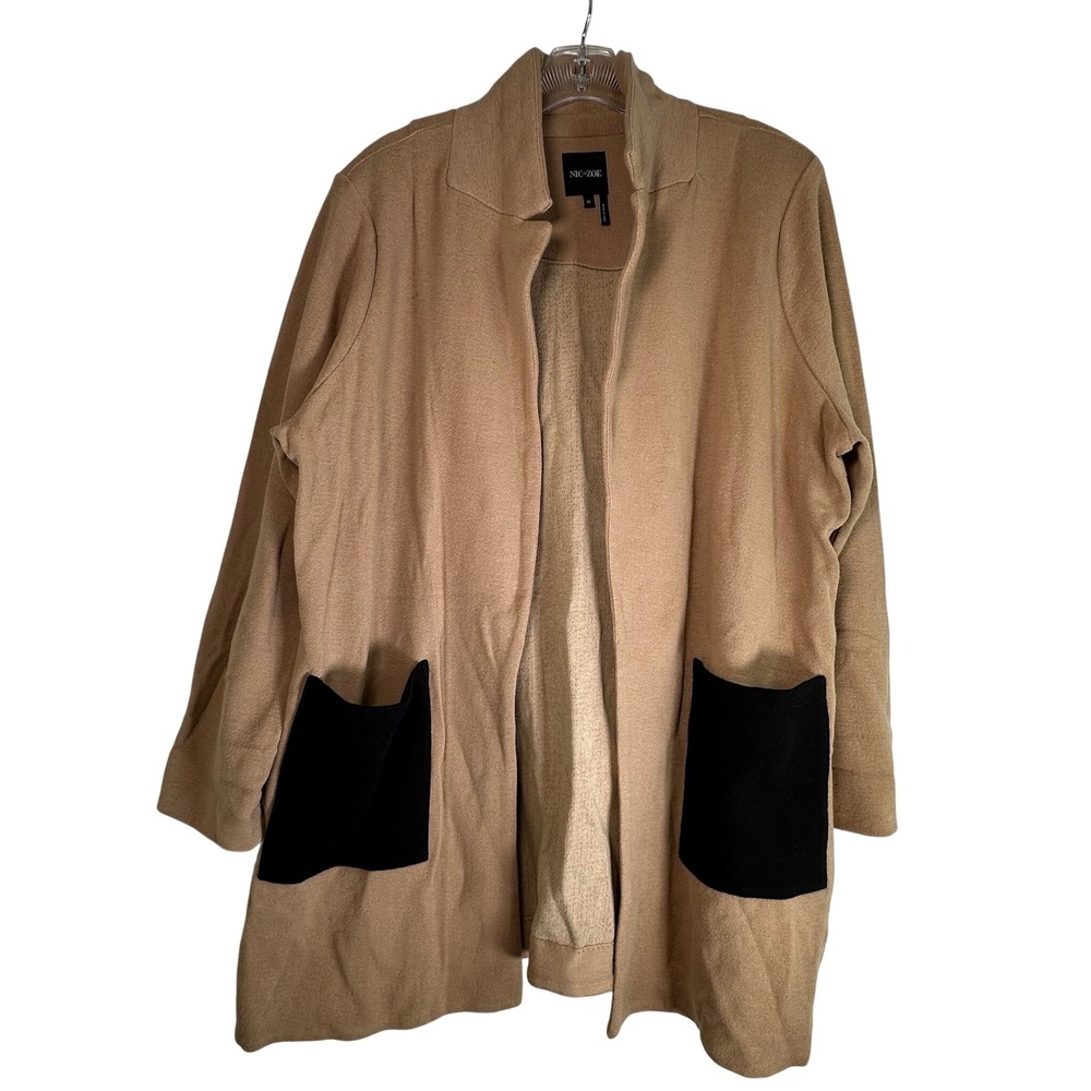 NIC+ZOE Tan Camel Open Front Longline Cardigan Black Pockets 1X Plus Size
